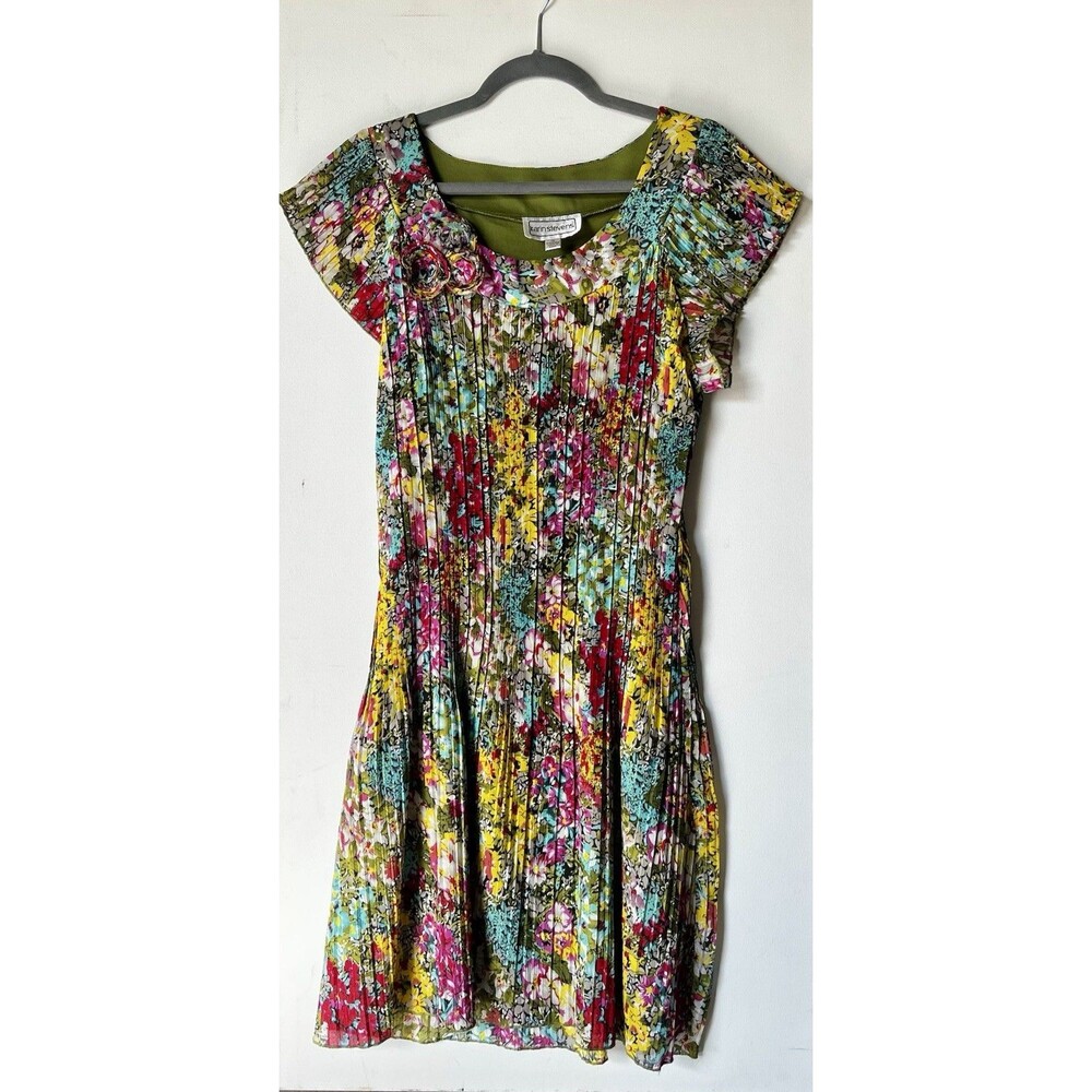 Vintage Karin Stevens Floral Dress Womens 12 Pleated Multi Color Rayon Midi
